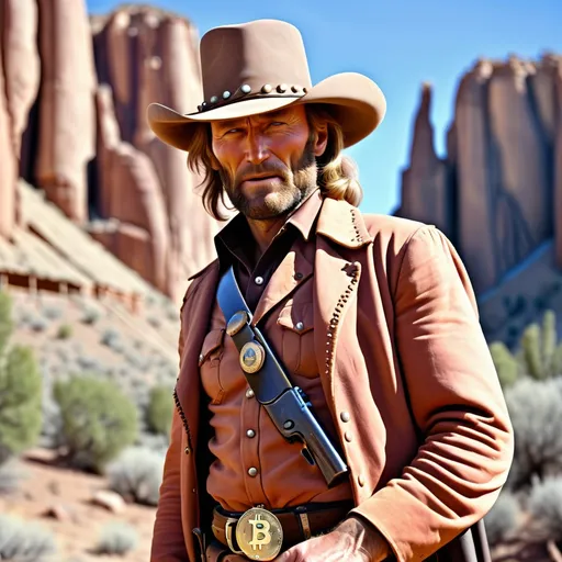 Prompt: A straight faced Josey Wales in full western gear, High Resolution, old fashioned western setting, with bitcoin laser eyes.