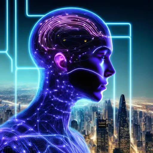 Prompt: A future human integrated with a Neuralink chip implant and connneted to an agi network full frontal facial profile with a network city in the background