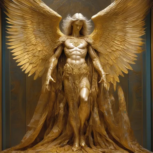 Prompt: Archangel Michael  wrapped in Gold light tubes, by Guo Pei, Brian Froud, and Alex Grey 