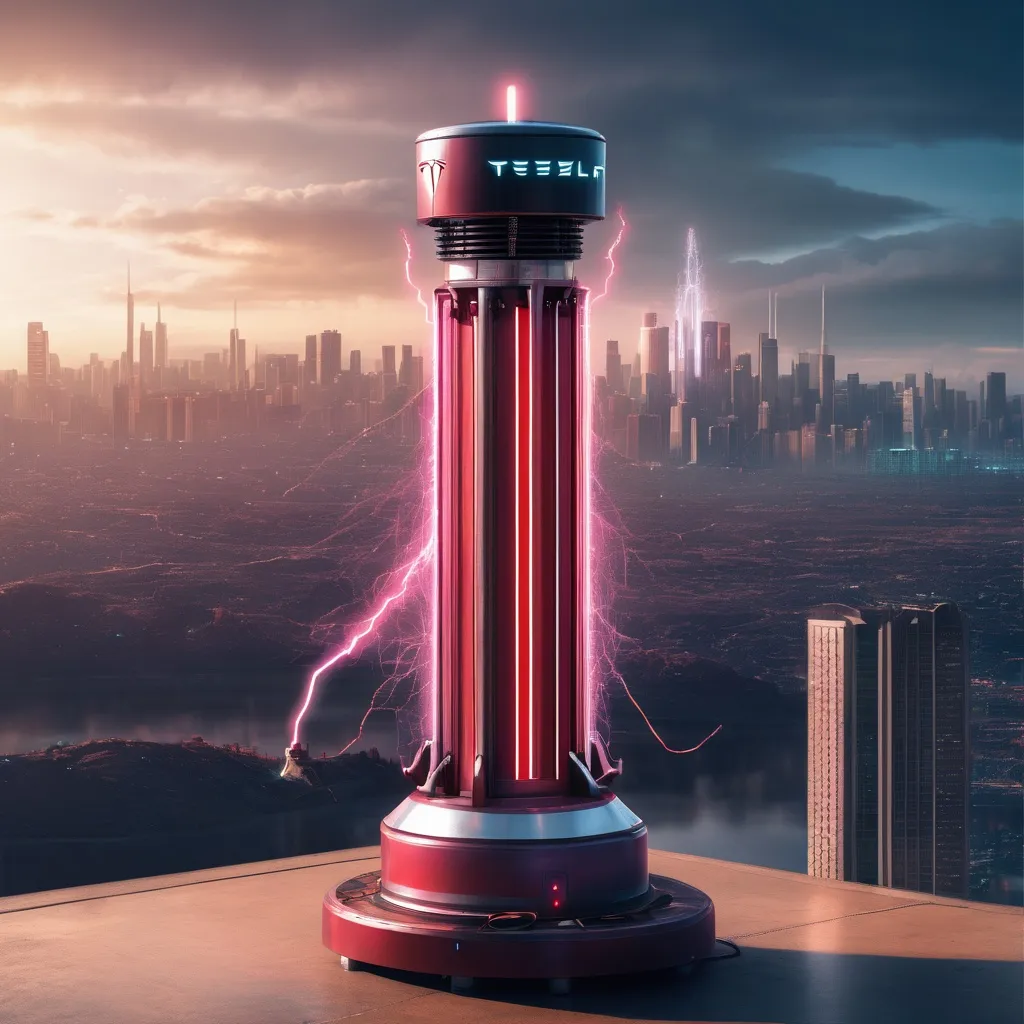 Prompt: Tesla Optimus bot  achieving singularity with a future tech Tesla Coil powering a city in the background