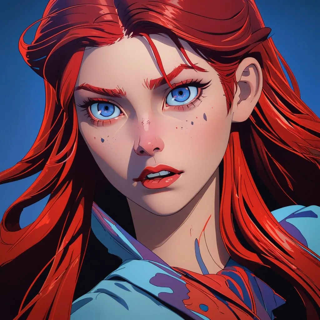Prompt: A girl with red hair and blue eyes with a scar on her face