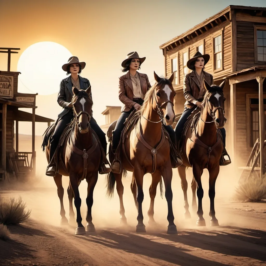 Prompt: Western film: three women on horseback riding out of a ghost town. 1920’s style poster.