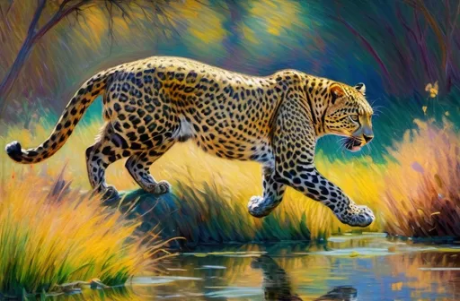 Prompt: leopards hunting for prey in monet style