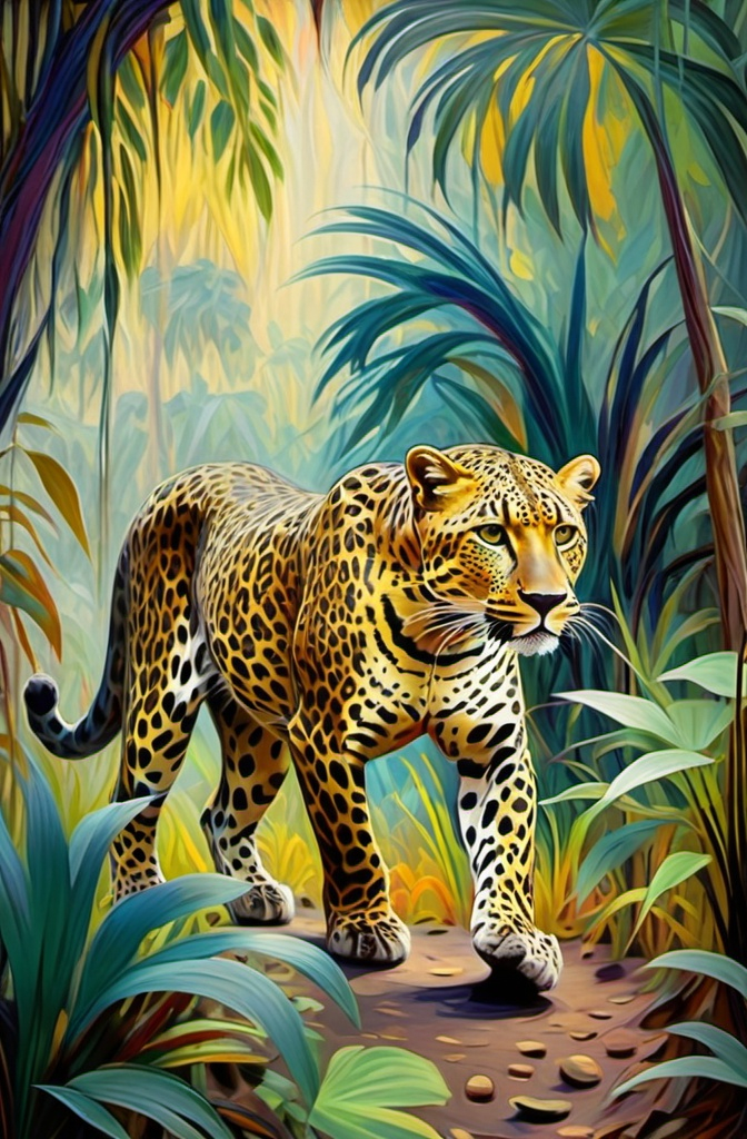 Prompt: leopard hunting jungle in monet style