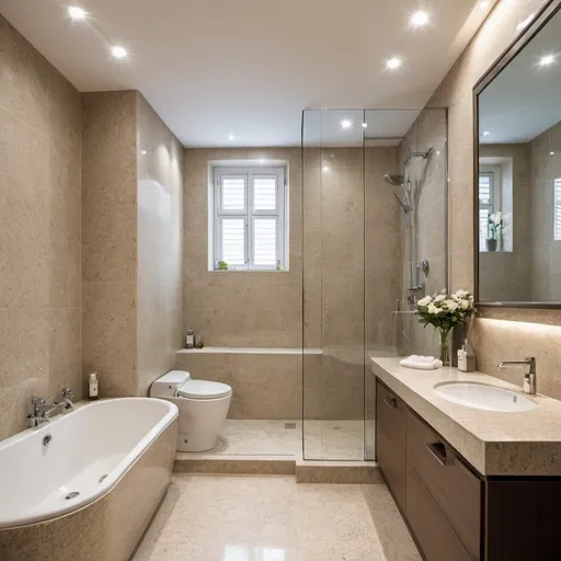 Prompt: A two-by-two-meter bathroom with light granite tiles and alcoves with lighting
