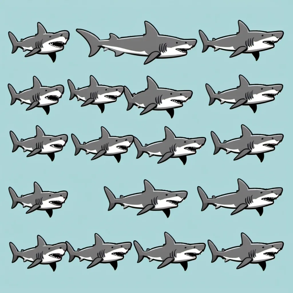 Prompt: 2d pixelart, pixels are important. Pixelated Shark Sprite sheet containing multiple sprites per animation, including attack (open mouth), a fast swim and a roll