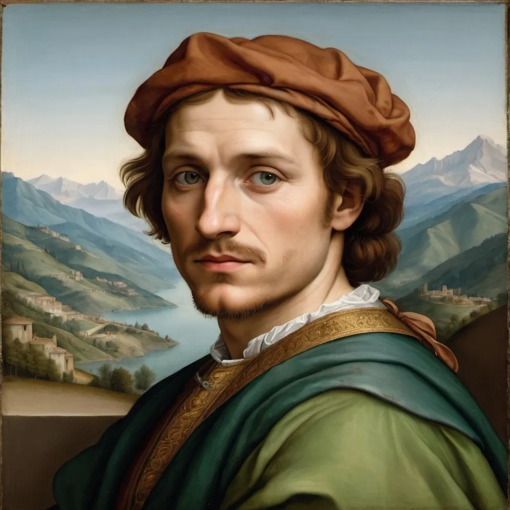 Prompt: A painted portrait of a man in the style of Italian Renaissance painter Raphael with mountains in the background.
