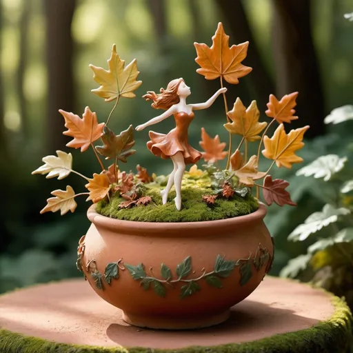 Prompt: A whimsical miniature figure composed of delicately arranged autumn leaves, poised in a carefree dance on the rim of a weathered, moss-covered terracotta pot, set against a lush, vibrant forest backdrop, where dappled sunlight filters through the canopy above, casting intricate shadows. The overall aesthetic is ethereal, with warm, earthy tones of sienna, umber, and olive green, infused with hints of emerald and golden light, evoking a sense of wonder and enchantment, as if plucked from a fantastical realm.