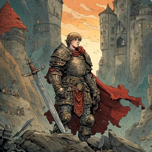 Prompt: <mymodel>Fantasy illustration of a brave knight, majestic palace in the distance, mystical setting, high rock, detailed armor with intricate engravings, heroic stance, vibrant and rich colors, magical lighting, high quality, fantasy, knight, palace, mystical, detailed armor, heroic, vibrant colors, magical lighting, epic setting