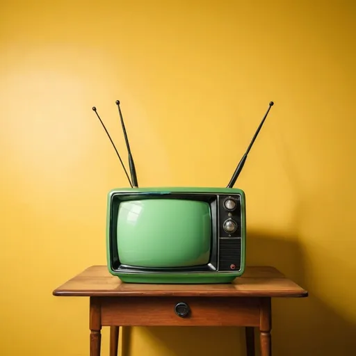 Prompt: a green retro tv standing on a brown wooden table against a yellow wall with black antennas