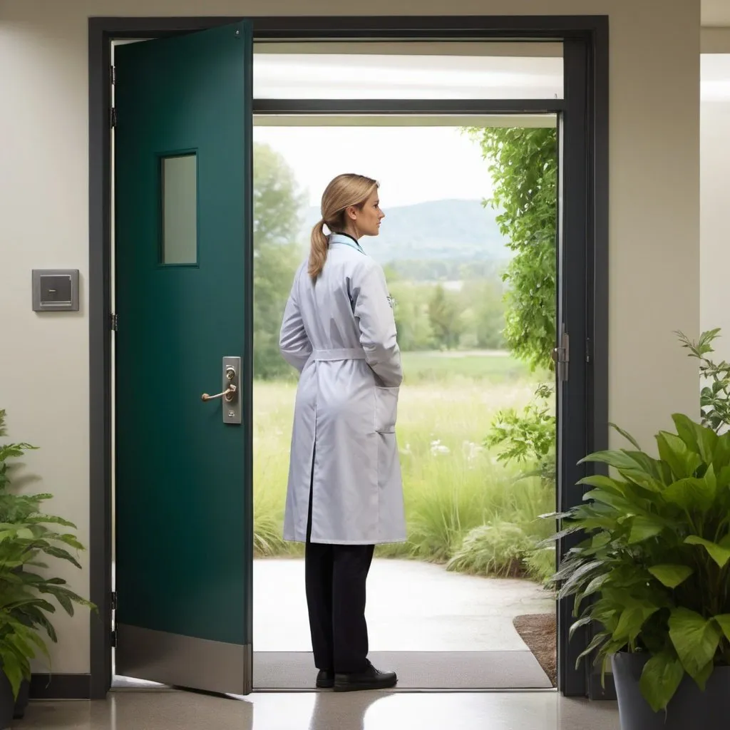 Prompt: a female doctor at a door with nature outside and an office inside