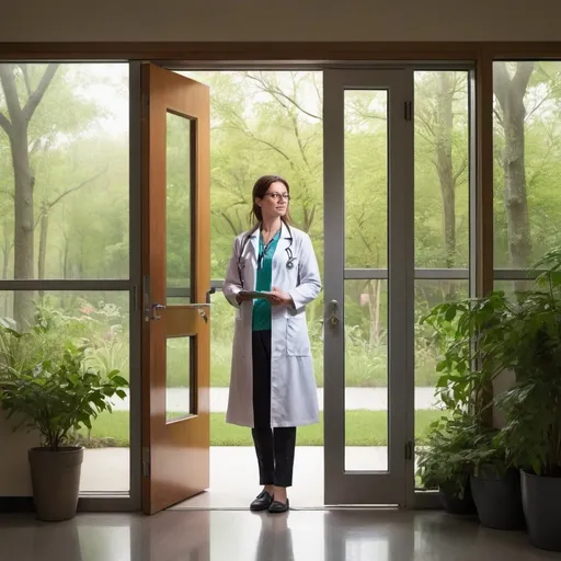 Prompt: a female doctor at a door with nature outside and an office inside