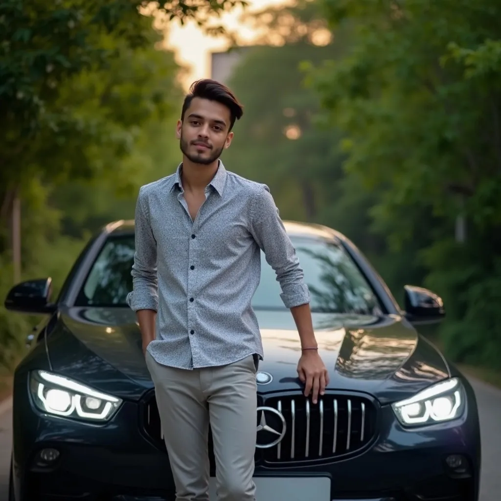 Prompt: A young man stands confidently beside a sleek black vehicle, exuding a relaxed yet stylish demeanor. Dressed in a patterned light gray shirt and matching trousers, he subtly interacts with the camera, flashing a slight smile while resting his hand on the car's hood. The background features a lush, green environment, with hints of urban elements peeking through softly blurred foliage, creating a warm, inviting atmosphere in the early evening light. Bright headlights of the car are illuminated, contrasting against the twilight, while the overall composition captures a modern, youthful vibe. The image conveys a sense of pride and connection to both personal style and a cherished possession.