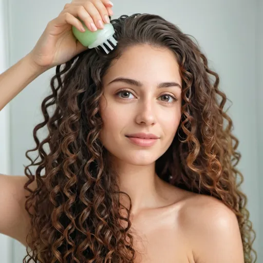 Prompt: Beautiful natural woman using shampoo with long curly hair