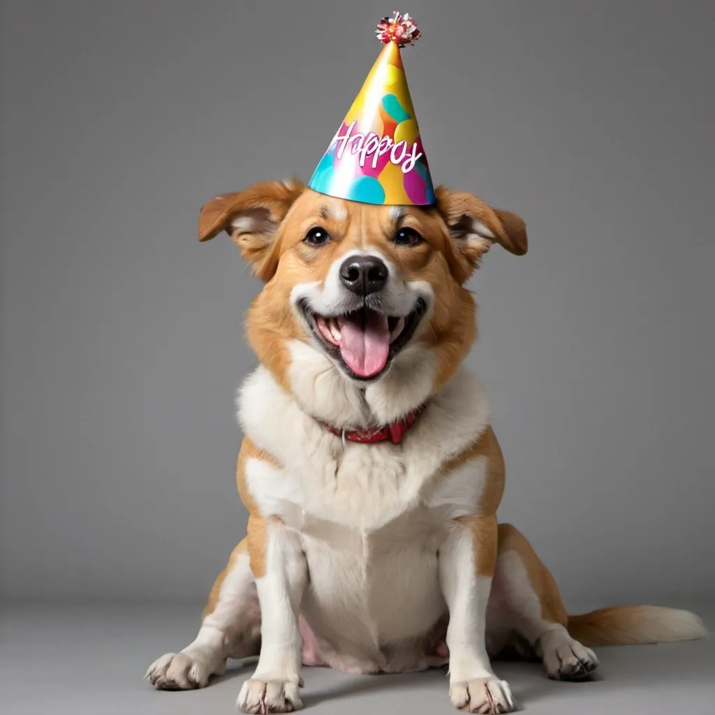 Prompt: realistic dog sitting with birthday hat smiling. 
 