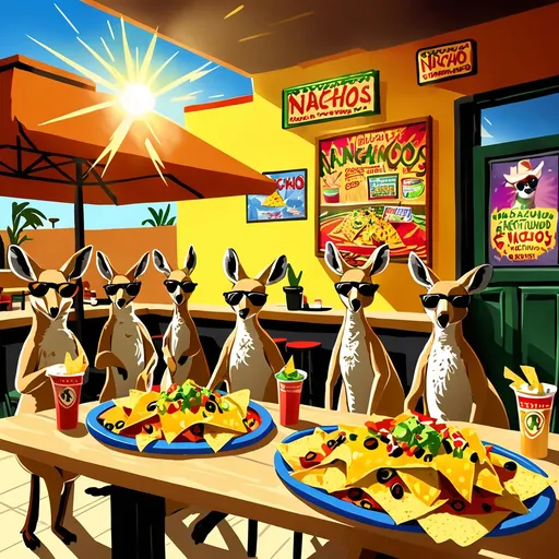 Prompt: Cool kangaroos wearing sunglasses gathering around a   table in mexican retaurant, a sign advertising Nachos Thursdays on the wall, making excellent nachos, with each offering an energy type symbolic representation: (Chemical, Kinetic, Gravitational, Elastic, Thermal, Magnetic, Electrostatic, Nuclear). The ambiance is lively and energetic, set in a bright outdoor setting illuminated by warm, soft sunlight. The vibe is cheerful and dynamic, with high-quality details and vibrant colors, showcasing a playful interaction among the kangaroos. Include a sign advertising "Nachos Thursdays".