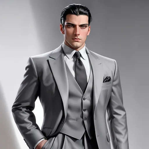 Prompt: a full figure of a man standing in a grey suit. he has black  side slicked back hair and hazel eyes 