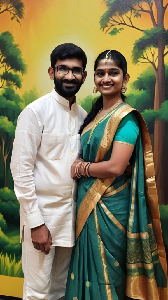 Prompt: a man and woman dressed in traditional indian attire posing for a picture together in front of a painting of trees, Bholekar Srihari, samikshavad, jayison devadas, a picture