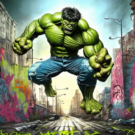 Prompt: Hulk wearing denim jeans, ripped and muscular physique, vibrant green skin, urban graffiti backdrop, high quality, digital painting, vibrant colors, intense lighting, detailed muscular structure, iconic character, larger than life, urban street art style, powerful presence, larger than life, iconic, denim jeans, vibrant green, intense lighting, muscular physique, graffiti backdrop, high quality, digital painting, urban street art style
