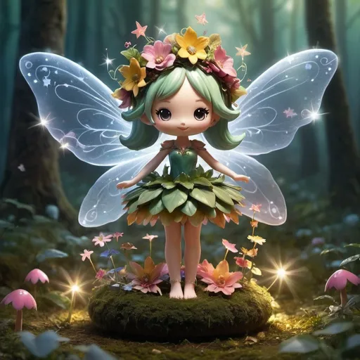 Prompt: Object: Living object - Fairy Idol.
Setting: Magical forest, shrouded in fog and covered with flower petals.
Action: The fairy idol flies around singing her musical songs, which turn into twinkling stars.
Image style: Magic pop.
Interesting detail: The fairy idol wears a wreath of flowers on her head that glows and changes color according to her mood.