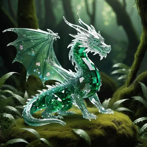Prompt: Object: Living object - Crystal Dragon.
Setting: A magical forest covered with shimmering flowers and thickets of emerald grass.
Actions: The dragon emits a magical glow and creates vortexes of crystals that float around it.
Image Style: Fantastic.
Interesting detail: On the back of the dragon there are wings made of transparent crystals that reflect the surrounding forest.