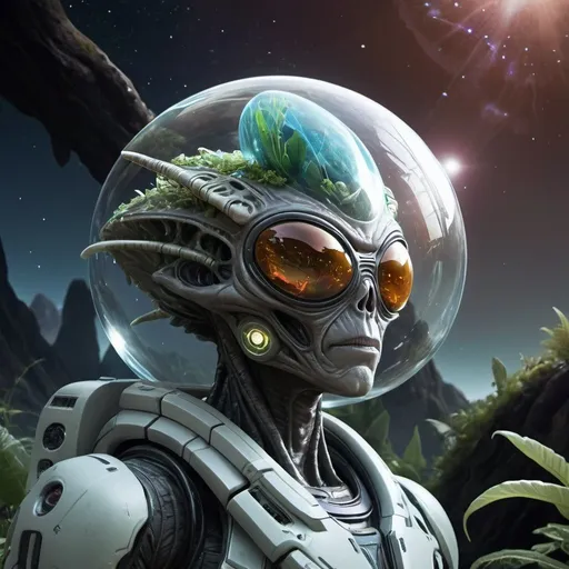 Prompt: Object: Living object - Alien explorer.
Setting: A mysterious planet covered in exotic vegetation and huge crystal formations.
Action: An explorer from another galaxy studies the local flora and fauna, interacting with amazing alien creatures.
Image Style: Sci-fi.
Interesting detail: The explorer has a pair of wings, allowing him to fly and adapt to various conditions on the planet.