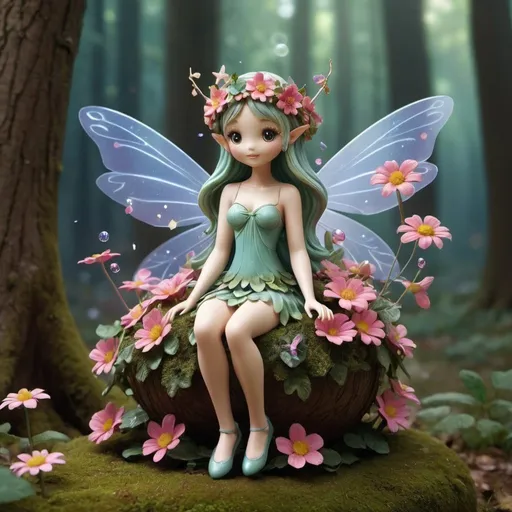 Prompt: Object: Living object - Fairy Idol.
Setting: Magical forest, shrouded in fog and covered with flower petals.
Action: The fairy idol flies around singing her musical songs, which turn into twinkling stars.
Image style: Magic pop.
Interesting detail: The fairy idol wears a wreath of flowers on her head that glows and changes color according to her mood.