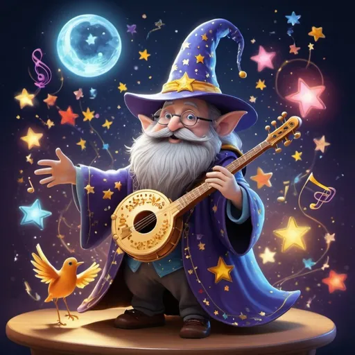 Prompt: Object: Living object - Musical Wizard.
Setting: A magical concert stage, decorated with bright lights and musical symbols.
Action: The wizard plays his magic instrument, creating musical notes that turn into colored stars and dance in the air.
Image Style: Fantastic Musical.
Interesting detail: The wizard has a small musical bird sitting on his shoulder, which sings along to his melodies.