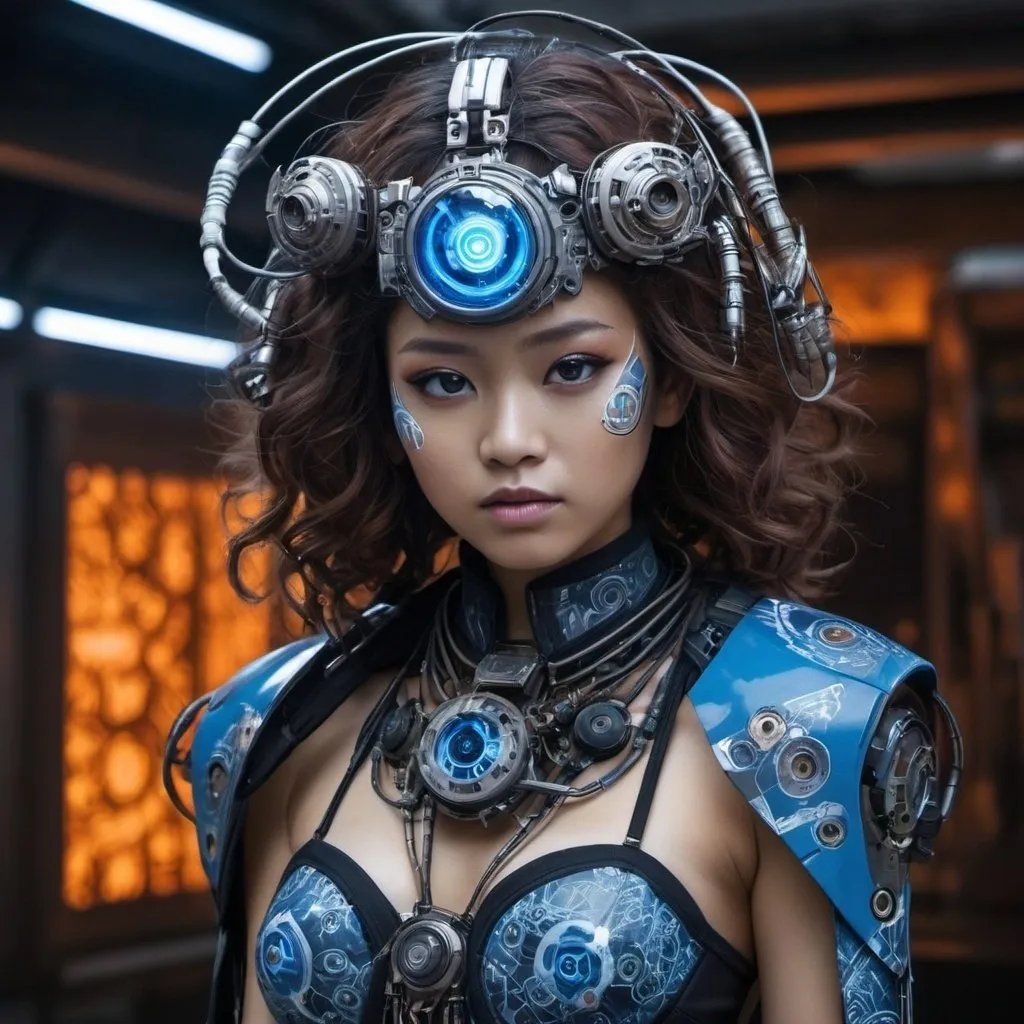 Prompt: full body, A young javanese woman appears with curly, brown-soft skin, voluminous hair, an expression of anger and restrained sadness. She eye blue iris. Her face is partially covered by advanced cybernetic components, including cables and mechanical parts, giving her a cybernetic appearance.

Key details include:

- A glowing blue eye with a mechanical iris, emphasizing the synthetic nature of her figure.
- Her skin is pale and appears cracked, revealing intricate machinery beneath.
- The left side body of her body is heavily augmented with visible mechanical parts, cables, and glowing red elements.
- Her hair is long, white, and flowing, adding contrast to the mechanical aspects.
- Her attire includes dark clothing, possibly traditional from Indonesian tribes with batik patterns, indicating a fusion of futuristic and traditional Indonesian elements.
- Her masked futuristic on around eye, adding batik pattern
- The dominant color palette includes blue, yellow, and red, enhancing the sci-fi aesthetic.

This combination of human and machine elements creates a powerful image that reflects themes of cybernetic augmentation and futuristic technology. 3D cyber, Futurism, futuristic, photo model.