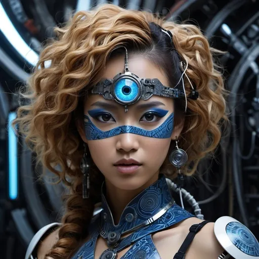 Prompt: Golden ratio, A young javanese woman appears with curly, brown-soft skin, voluminous hair, an expression of anger and restrained sadness. She eye blue iris. Her face is partially covered by advanced cybernetic components, including cables and mechanical parts, giving her a cybernetic appearance.

Key details include:

- A glowing blue eye with a mechanical iris, emphasizing the synthetic nature of her figure.
- Her skin is pale and appears cracked, revealing intricate machinery beneath.
- The left side of her face is heavily augmented with visible mechanical parts, cables, and glowing red elements.
- Her hair is long, white, and flowing, adding contrast to the mechanical aspects.
- Her attire includes dark clothing, possibly traditional from Indonesian tribes with batik patterns, indicating a fusion of futuristic and traditional Indonesian elements.
- Her masked futuristic on around eye, adding batik pattern
- The dominant color palette includes blue, yellow, and red, enhancing the sci-fi aesthetic.

This combination of human and machine elements creates a powerful image that reflects themes of cybernetic augmentation and futuristic technology. Futurism, futuristic,8k.