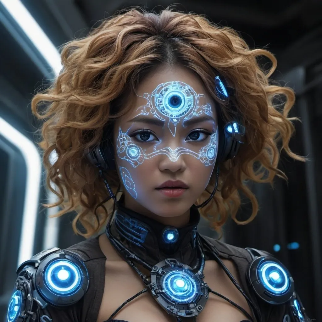 Prompt: full body, A young javanese woman appears with curly, brown-soft skin, voluminous hair, an expression of anger and restrained sadness. She eye blue iris. Her face is partially covered by advanced cybernetic components, including cables and mechanical parts, giving her a cybernetic appearance.

Key details include:

- A glowing blue eye with a mechanical iris, emphasizing the synthetic nature of her figure.
- Her skin is pale and appears cracked, revealing intricate machinery beneath.
- The left side of her face is heavily augmented with visible mechanical parts, cables, and glowing red elements.
- Her hair is long, white, and flowing, adding contrast to the mechanical aspects.
- Her attire includes dark clothing, possibly traditional from Indonesian tribes with batik patterns, indicating a fusion of futuristic and traditional Indonesian elements.
- Her masked futuristic on around eye, adding batik pattern
- The dominant color palette includes blue, yellow, and red, enhancing the sci-fi aesthetic.

This combination of human and machine elements creates a powerful image that reflects themes of cybernetic augmentation and futuristic technology. 3D cyber, Futurism, futuristic,8k.