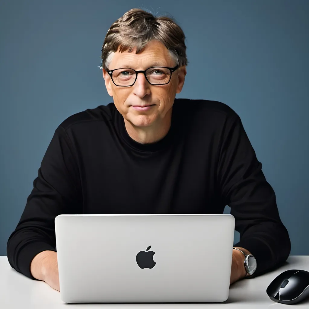Prompt: super-realistic, bill gates wears black shirt, pose with a computer reality-imac gen-1 apple for commercial ads on the poster.