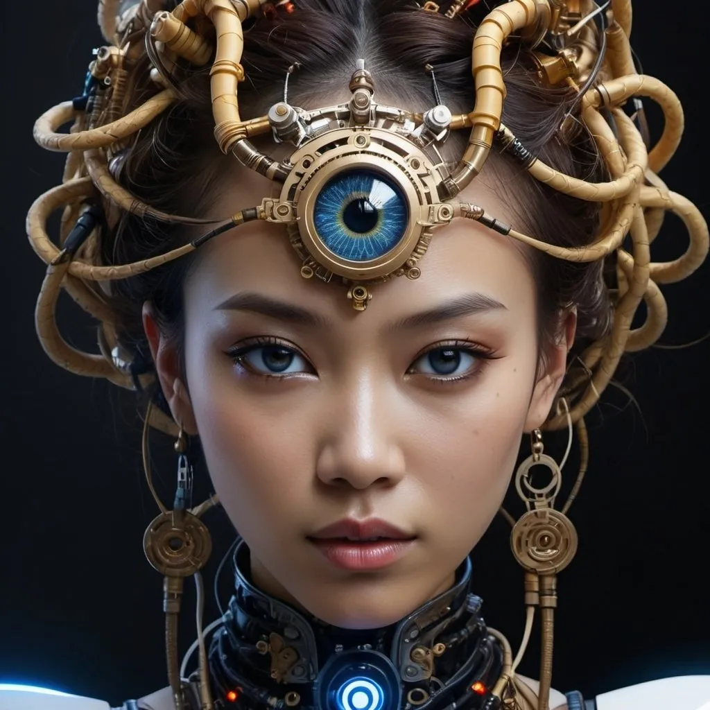Prompt: Golden ratio, A young javanese woman appears with curly, brown-soft skin, voluminous hair, an expression of anger and restrained sadness. She eye blue iris. Her face is partially covered by advanced cybernetic components, including cables and mechanical parts, giving her a cybernetic appearance.

Key details include:

- A glowing blue eye with a mechanical iris, emphasizing the synthetic nature of her figure.
- Her skin is pale and appears cracked, revealing intricate machinery beneath.
- The left side of her face is heavily augmented with visible mechanical parts, cables, and glowing red elements.
- Her hair is long, white, and flowing, adding contrast to the mechanical aspects.
- Her attire includes dark clothing, possibly traditional from Indonesian tribes with batik patterns, indicating a fusion of futuristic and traditional Indonesian elements.
- The dominant color palette includes blue, yellow, and red, enhancing the sci-fi aesthetic.

This combination of human and machine elements creates a powerful image that reflects themes of cybernetic augmentation and futuristic technology. Futurism, futuristic,8k.