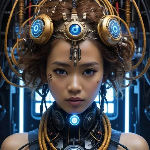 Prompt: Golden ratio, A young javanese woman appears with curly, brown-soft skin, voluminous hair, an expression of anger and restrained sadness. She eye blue iris. Her face is partially covered by advanced cybernetic components, including cables and mechanical parts, giving her a cybernetic appearance.

Key details include:

- A glowing blue eye with a mechanical iris, emphasizing the synthetic nature of her figure.
- Her skin is pale and appears cracked, revealing intricate machinery beneath.
- The left side of her face is heavily augmented with visible mechanical parts, cables, and glowing red elements.
- Her hair is long, white, and flowing, adding contrast to the mechanical aspects.
- Her attire includes dark clothing, possibly traditional from Indonesian tribes with batik patterns, indicating a fusion of futuristic and traditional Indonesian elements.
- The dominant color palette includes blue, yellow, and red, enhancing the sci-fi aesthetic.

This combination of human and machine elements creates a powerful image that reflects themes of cybernetic augmentation and futuristic technology. Futurism, futuristic,8k.
