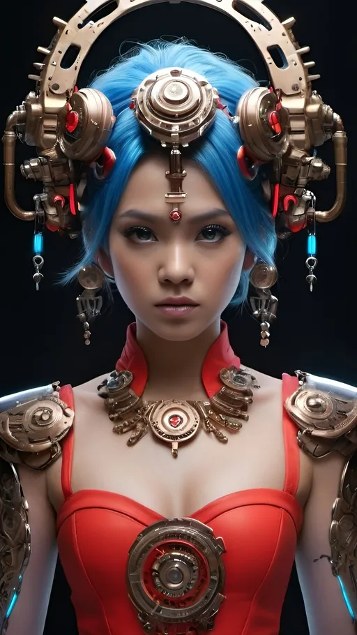 Prompt: potrait, fullbody, neon red and blue lighting on her face. A Sundanese woman with short curly hair, displaying a mix of anger and restrained sadness. Triball Tatto on her face. Part of her face is covered by sieger sunda a dragon advanced cybernetics, including cables and mechanical parts, giving her a cybernetic appearance.

Key details include:

- Bright blue eyes with mechanical irises, emphasizing her synthetic nature.
- Pale, cracked skin, revealing intricate machinery underneath.
- Her face is heavily augmented with visible mechanical parts, cables, and glowing red elements.
- Long, flowing blue hair, adding contrast to her mechanical aspects.
- She wears Sundanese kebaya attire and a futuristic sieger by gold on her head adorned with luxurious pearls, blending elements of traditional Sundanese culture with futuristic motifs.
- The dominant color palette is white, gold, and red, enhancing the sci-fi aesthetic.
This combination of human and machine elements creates a powerful image reflecting the themes of cybernetic augmentation and futuristic technology,retro-futurism, realistic-final fantasy 3d.