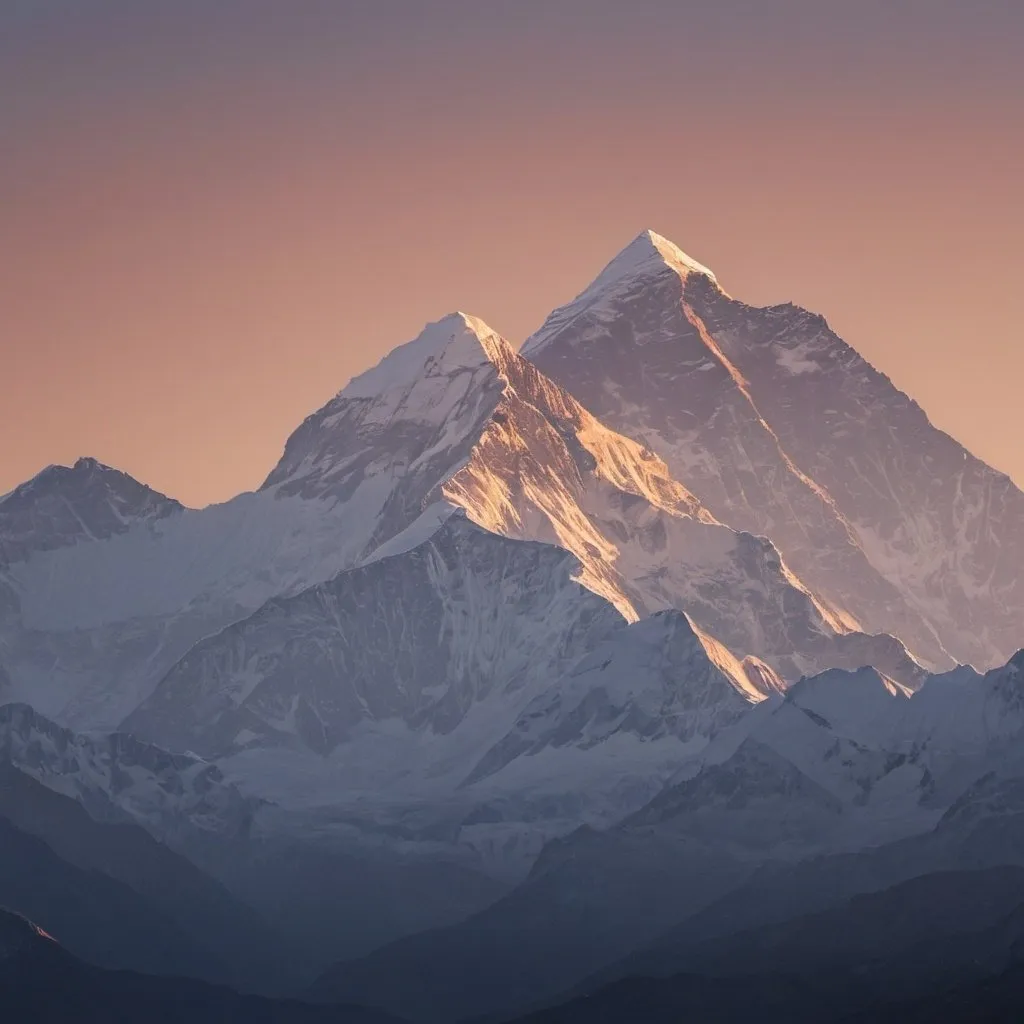 Prompt: Sunny, blue sky, some light clouds, sunset, mountains, mountain-terrein, mount everest, alpes, galdhopiggen combined in that alpine landscape. More mountaintop, a lot of peaks. Majestic. Sunset light