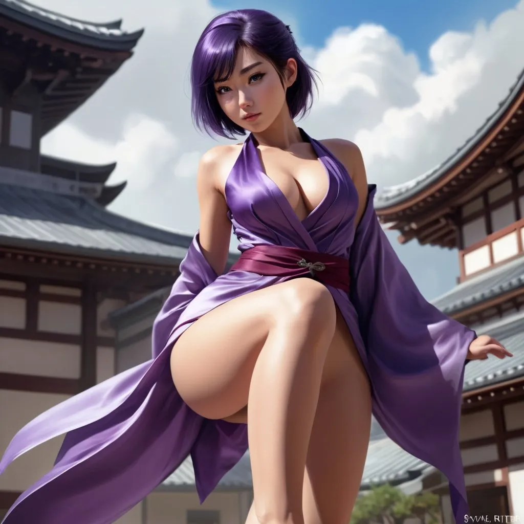 Prompt: Fantasy Digital Painting by Sylvia Ritter featuring character Nozomi Tōjō, 3rd year school student, character's signature outfit made out of soft silk fabric, decolletage, perfect physique, focus on legs, view from ground level