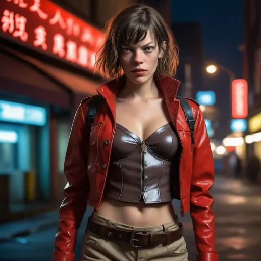 Prompt: A Greg Rutkowski inspired Cyberpunk style, studio ghibli portrait of a 2000s {Mila Jovovich} titled: "The machine". She is wearing a tan latex corselette under a red jacket and cargo pants. She is in her role as "Alice" of the Resident Evil franchise. She is sensual, determined and utterly dangerous. Bokeh midnight street backdrop, monsterous shadows.