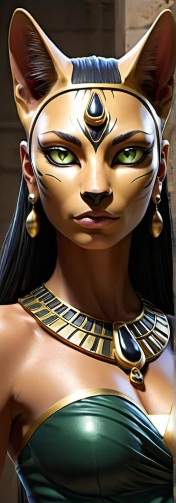 Prompt: Bastet - The Feline Fury. A sleek, black suit with gold accents and feline motifs. She wears a mask resembling a cat's face. Athletic build with cat-like grace, sharp green eyes, and short, black hair. Her movements are swift and silent. Powers of super agility, enhanced senses and claws and combat. Bastet is the goddess of home, fertility, and cats, often depicted as a lioness or a woman with a cat's head.