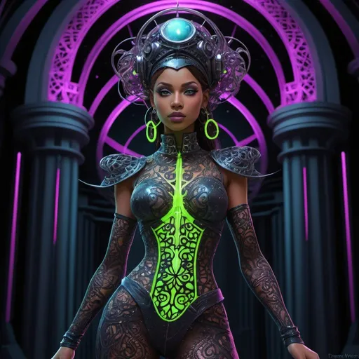 Prompt: Dreamweaver x 3D rendition of Jupiter Jones titled: "Dressed down Galactic Ruler". an ultra detailed rendition of a dangerous, toned, Jones hiding in the dark tall tower. Wearing a sheer filigree neon Jones outfit. Alluringly enticing her allies that she will rule.