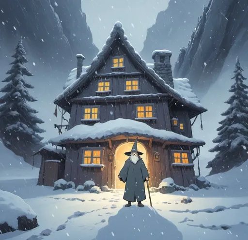 Prompt: A wizard standing in front of a house in the middle of an intense snowstorm. The house in on the side of a mountain. The house is warm but in poor condition. 

In studio Ghibli style.