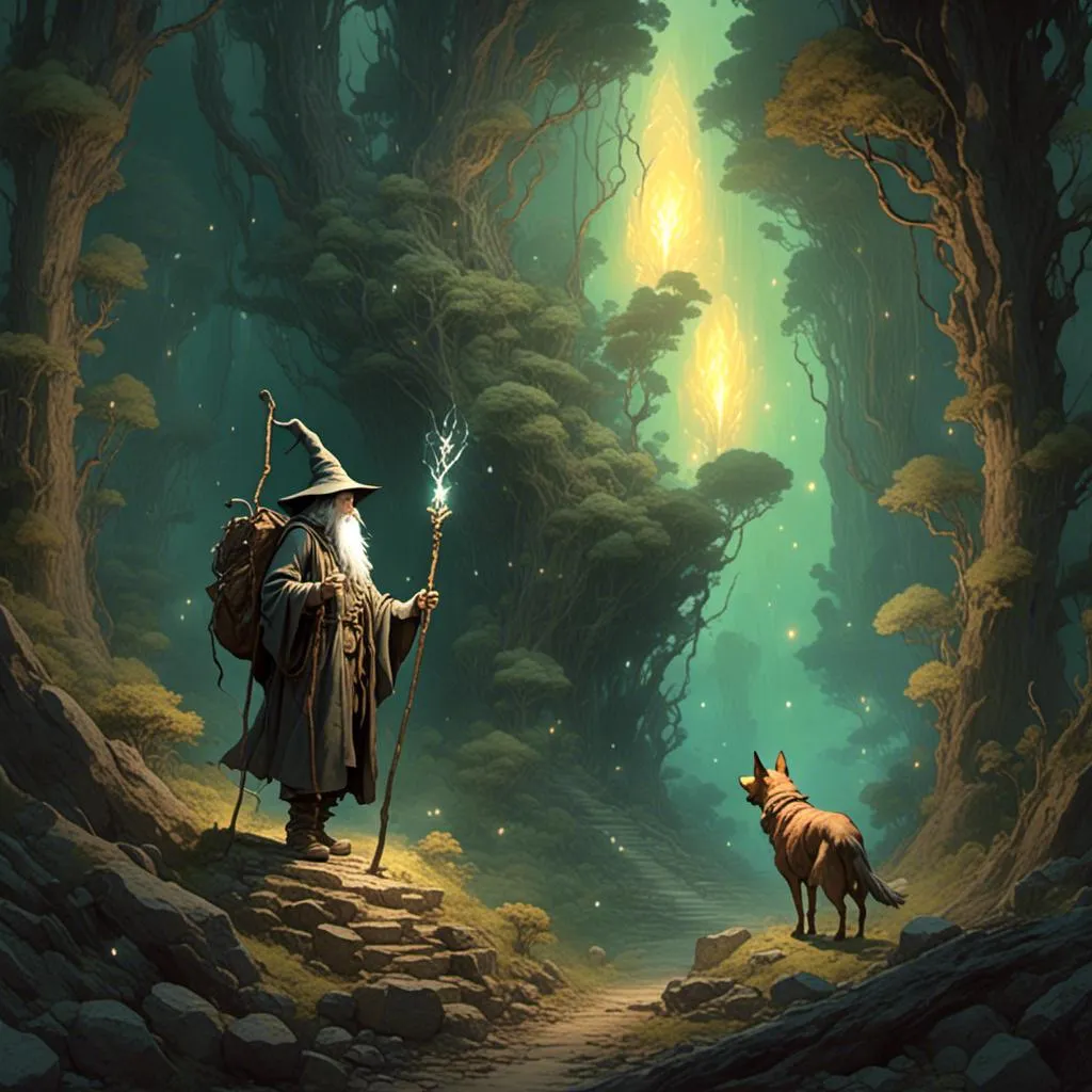 Prompt: <mymodel> a wizard wandering through a magical forest illuminated by the glow of the crystal on his staff. studio ghibli style