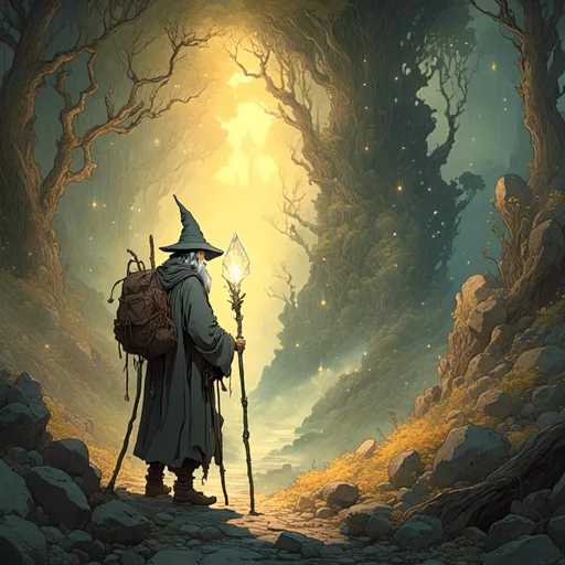Prompt: <mymodel> a wizard wandering through a magical forest illuminated by the glow of the crystal on his staff. studio ghibli style