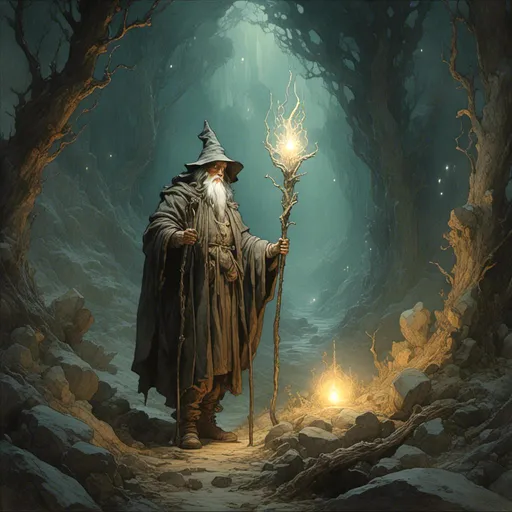 Prompt: <mymodel> a wizard wandering through a magical forest illuminated by the glow of the crystal on his staff