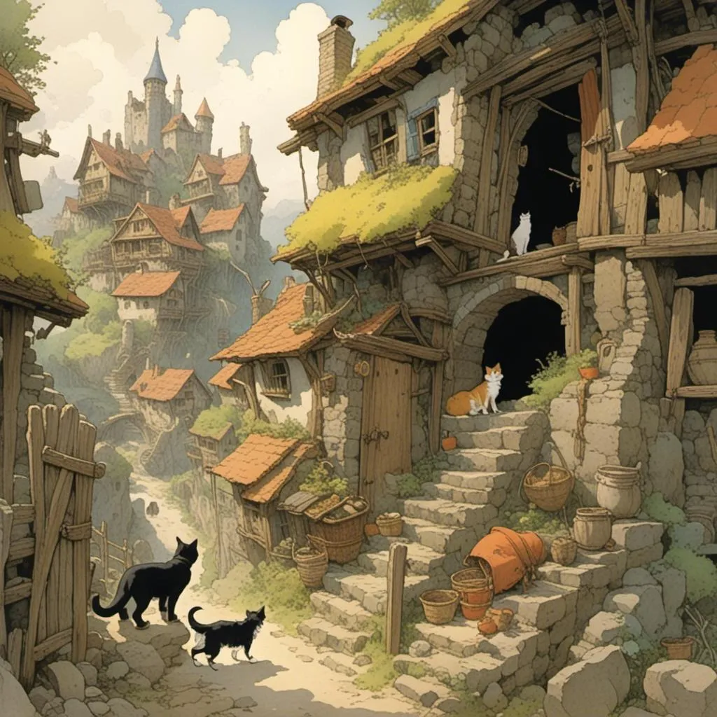 Prompt: <mymodel> a cat finding a village where the inhabitants are all cats. there should be other cats in the image. no humans. studio ghibli style. 