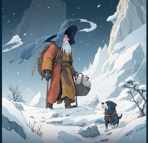 Prompt: A wizard walking through an ancient snowy mountain with a backpack with his dog. During a blizzard.

In studio Ghibli style.