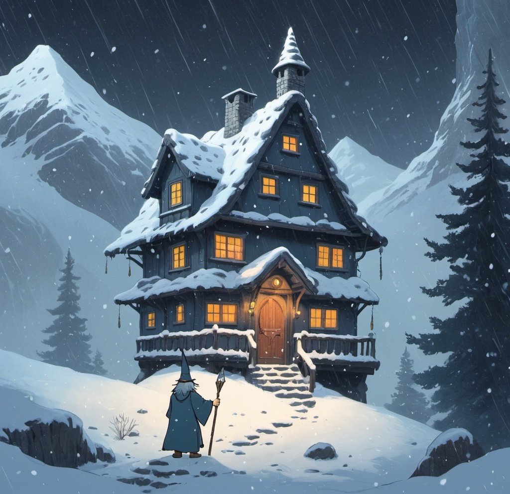 Prompt: A wizard standing in front of a house in the middle of a snowstorm. The house in on the side of a mountain.

In studio Ghibli style.