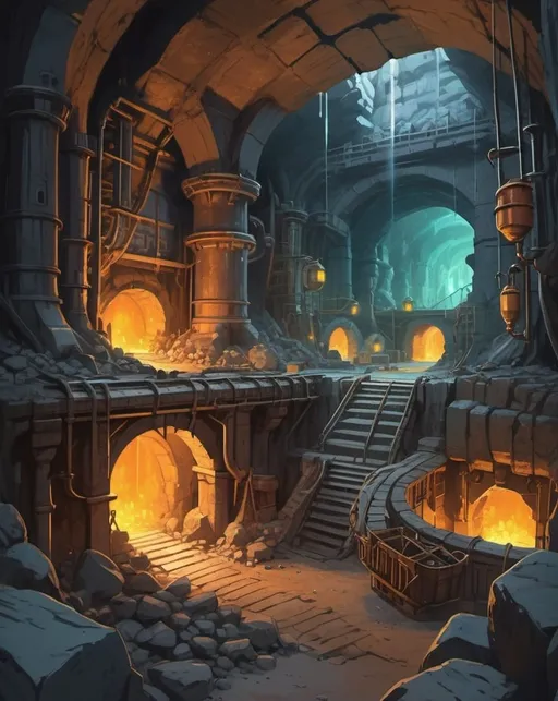 Prompt: Deep underground mines illuminated by forge fires, with dwarves mining precious gems and metals, surrounded by ancient, sturdy architecture of stone and metal. digital illustration, studio Ghibli
