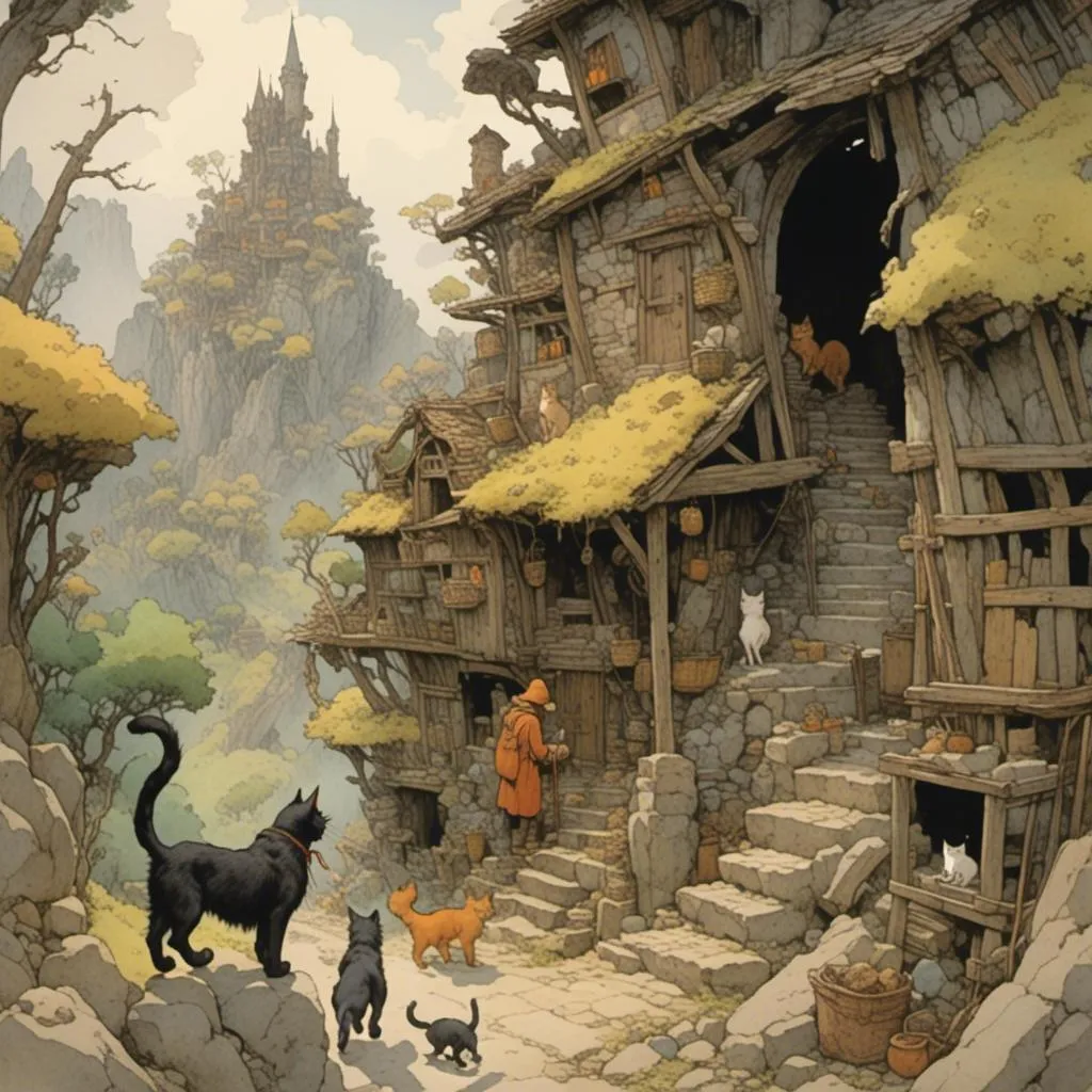 Prompt: <mymodel> a cat finding a village with the sole inhabitants of cats. There should be many cats in the image.