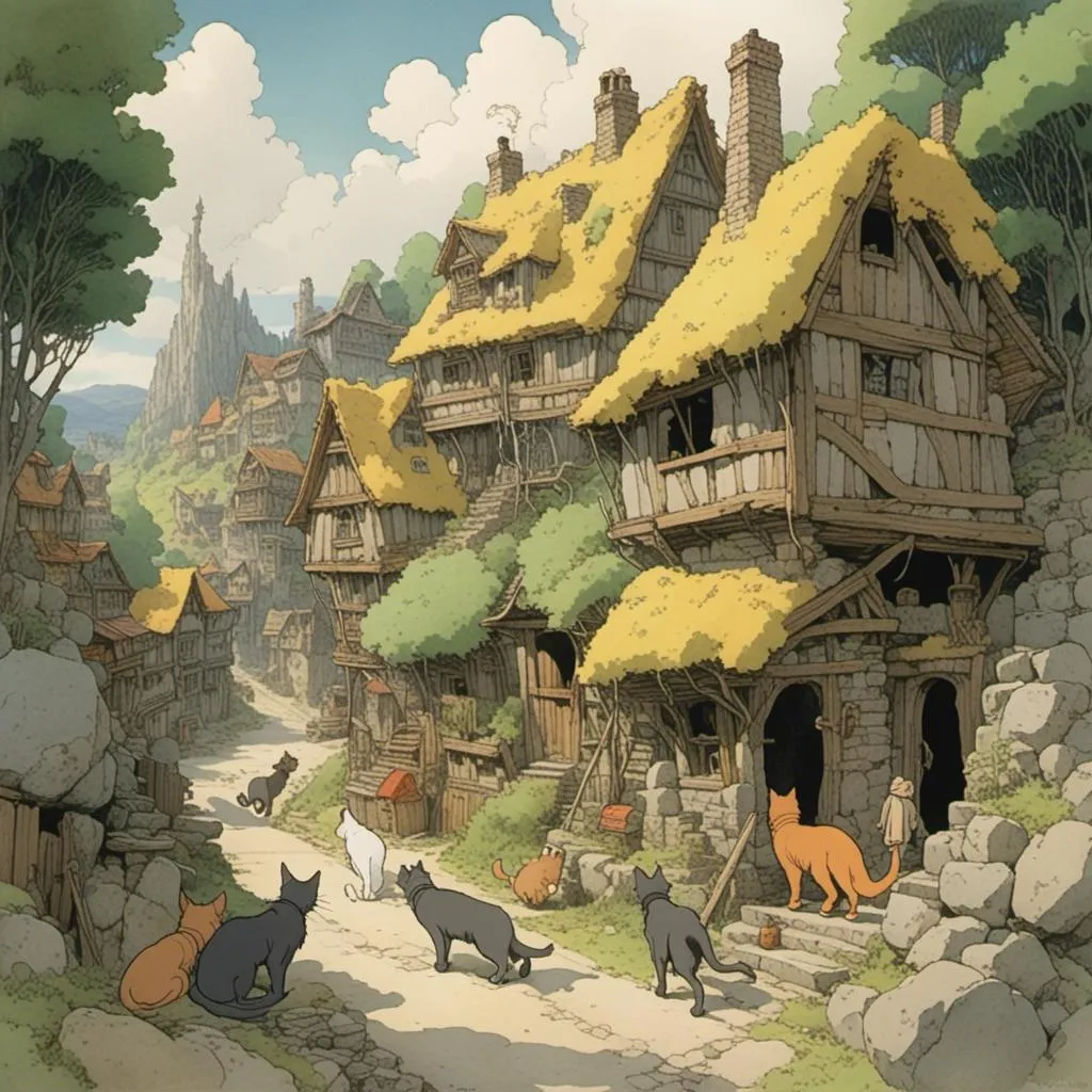 Prompt: <mymodel> a cat finding a village where the inhabitants are all cats. there should be other cats in the image. no humans. studio ghibli style. 